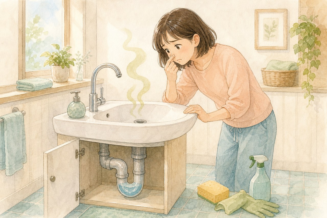 洗面台の排水口の臭いに困り鼻をつまむ女性のイラスト