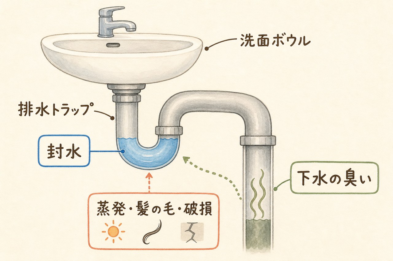 封水が下水の臭いを防ぐ排水トラップの仕組み図