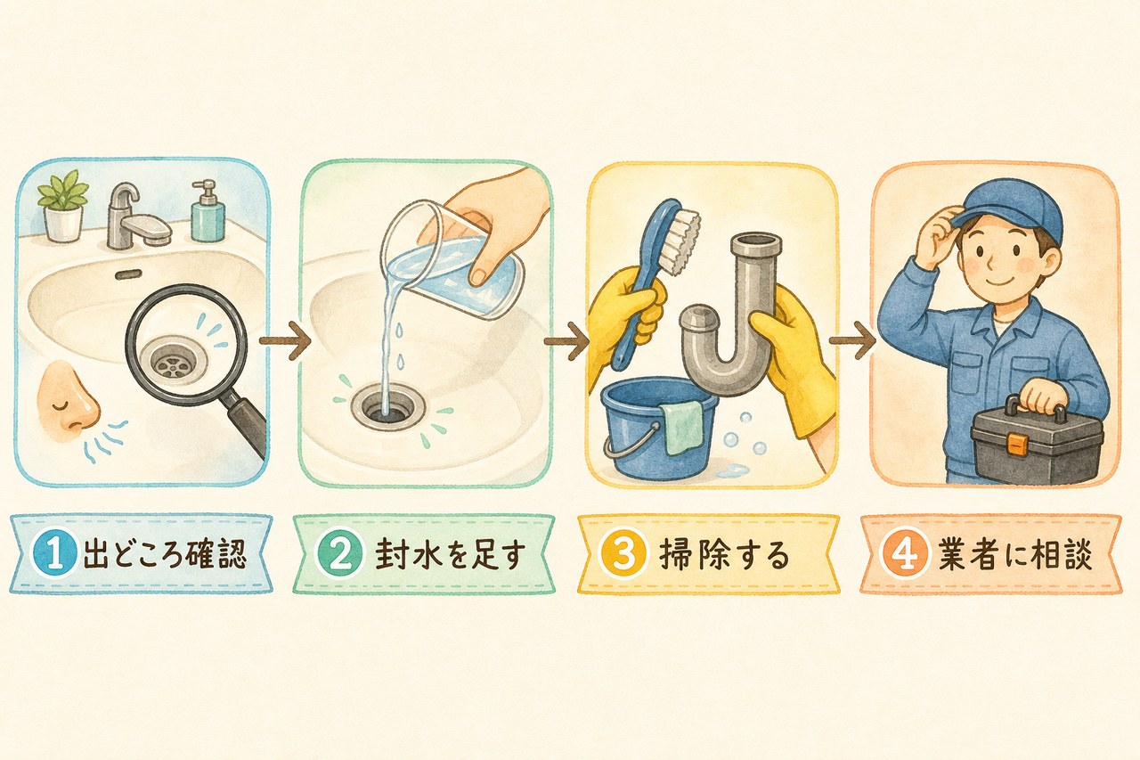 洗面台の排水口の臭い対処の4ステップ流れ図