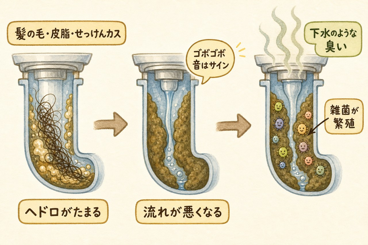排水管にヘドロがたまり下水臭が出る流れの図解