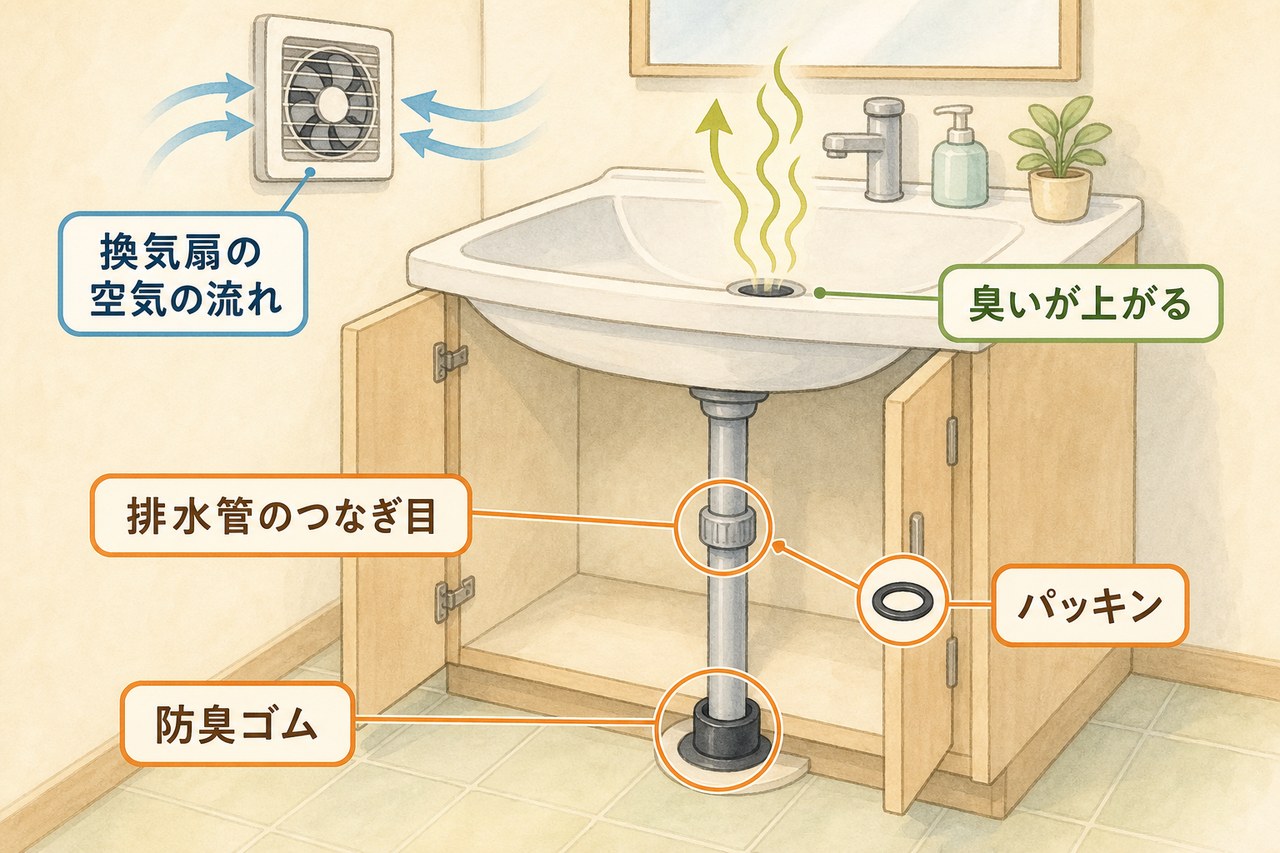 洗面台下の排水管で臭いが上がる確認ポイントの図
