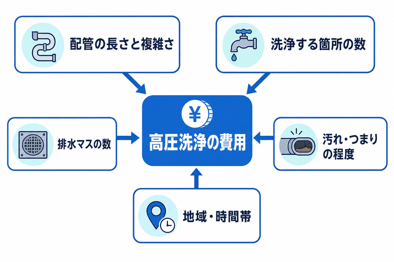 排水管の高圧洗浄の費用を決める5つの要因の図解