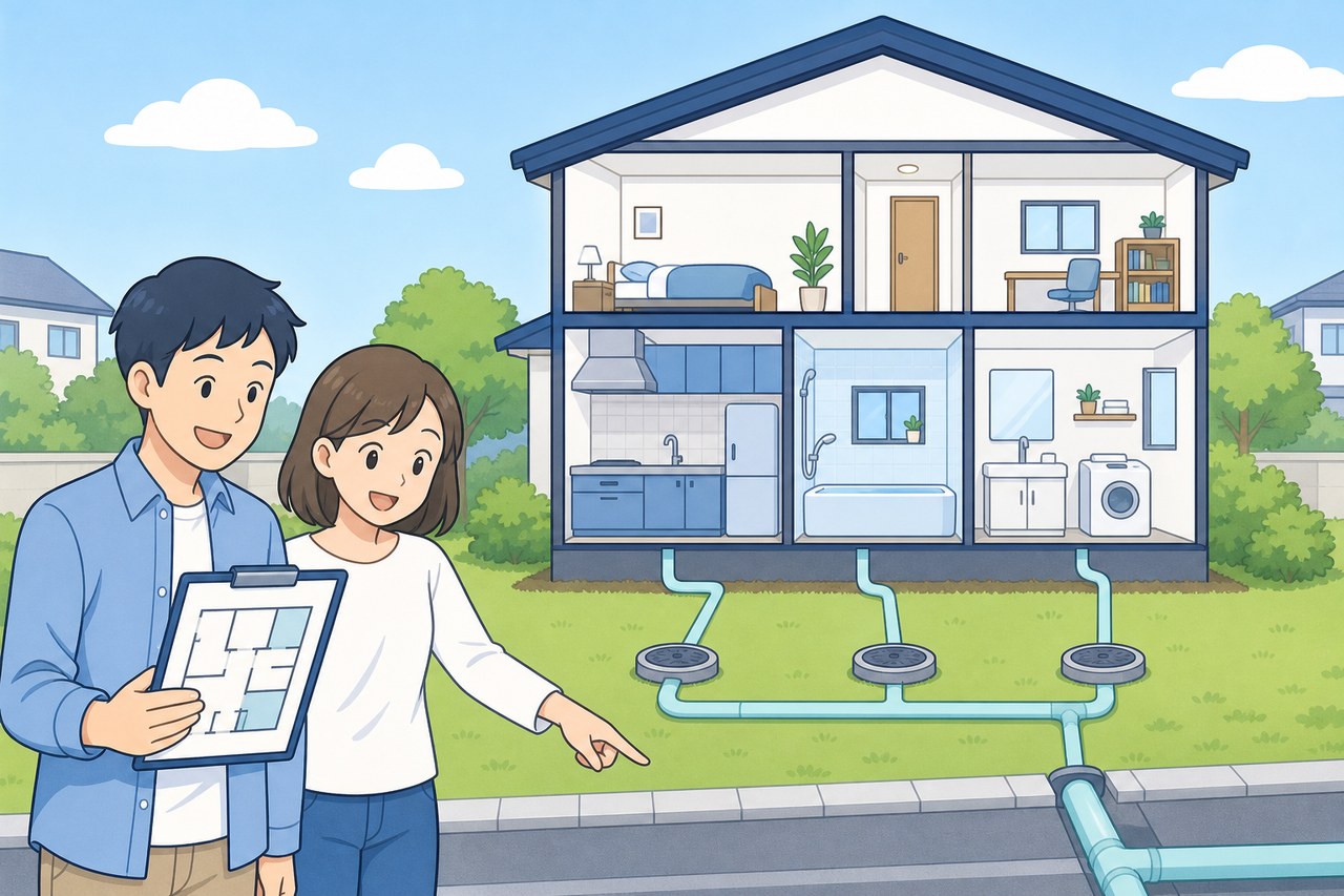 水回りと排水マスの位置を確認する夫婦と一戸建ての配管