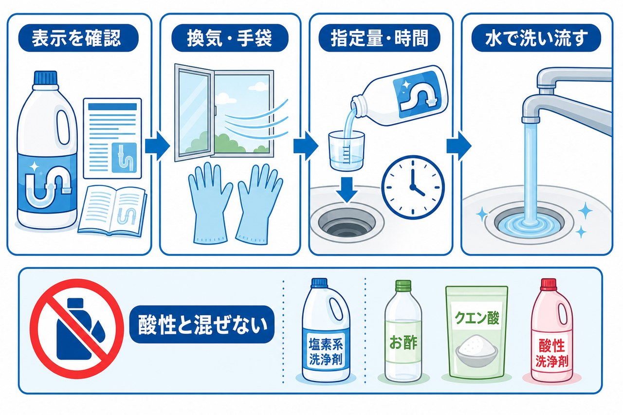 パイプ洗浄剤の使用手順と混ぜない注意を示す図