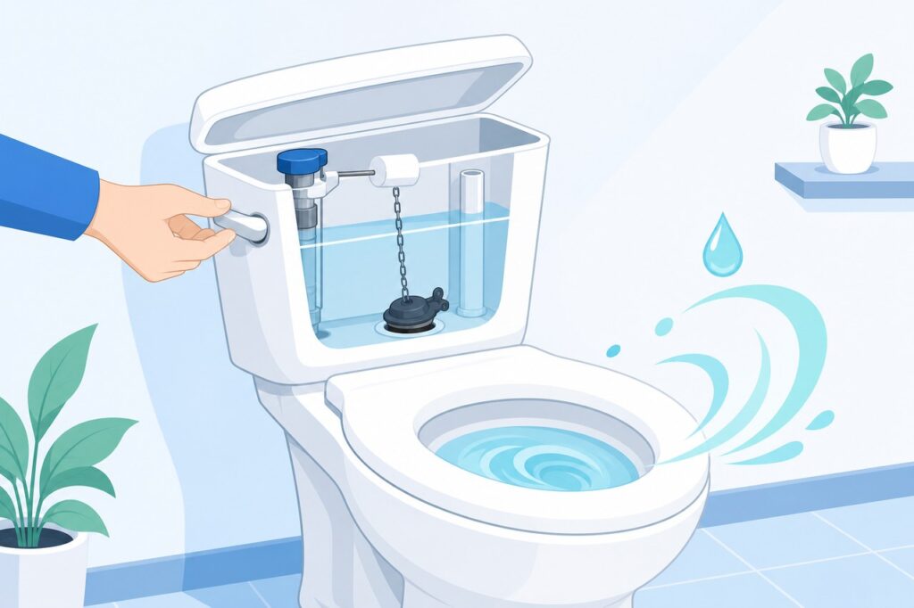 タンク内部を見ながらトイレの小レバーを確認する様子