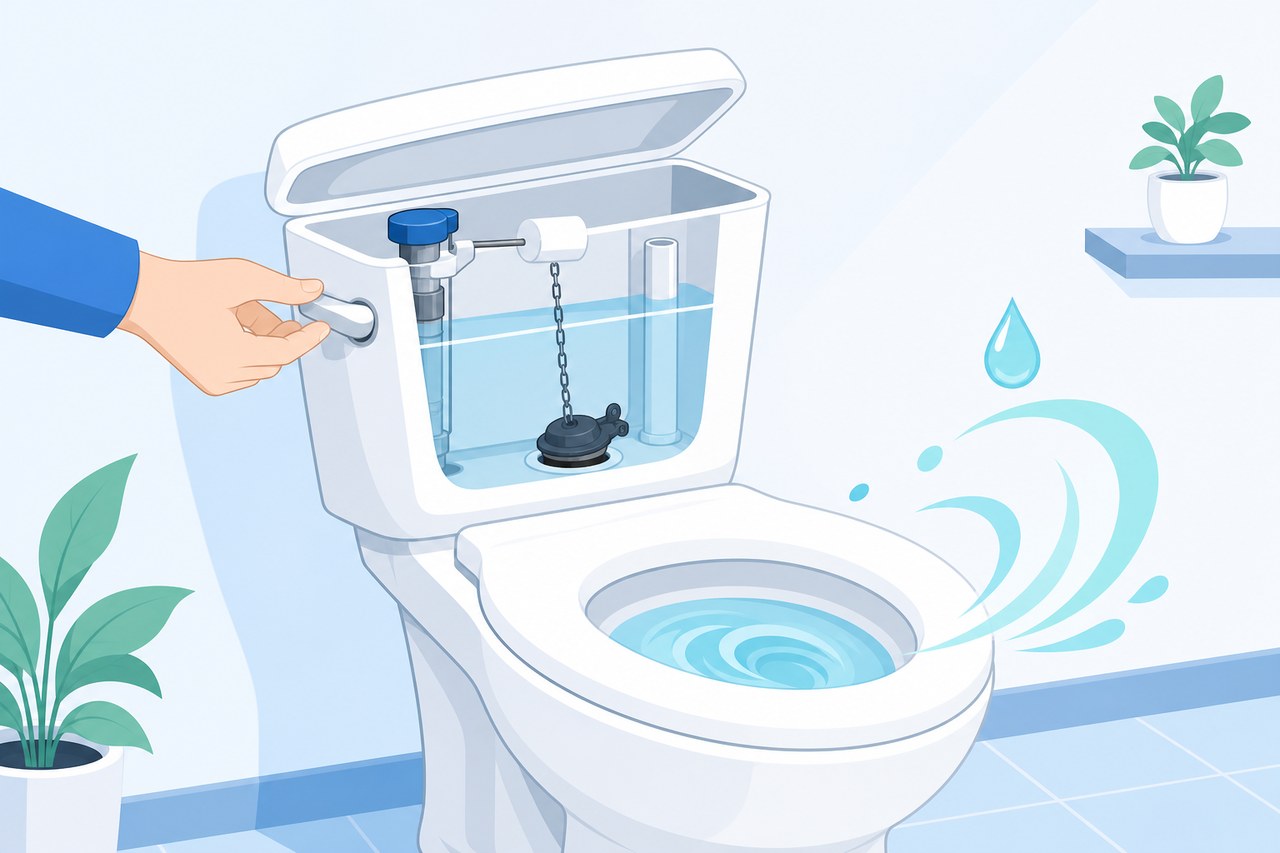 タンク内部を見ながらトイレの小レバーを確認する様子