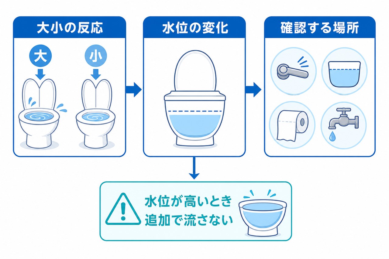 洗浄の反応と水位から確認先を分ける図