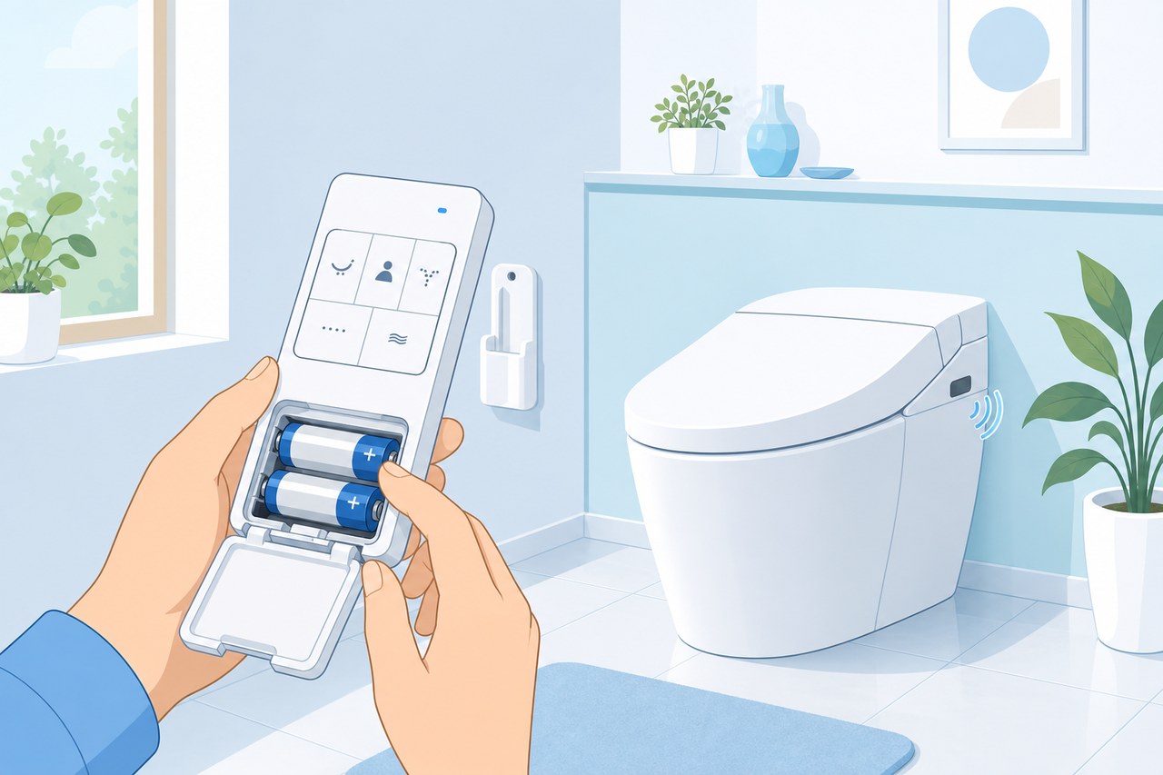 リモコンの電池の向きを確認する手元とタンクレストイレ