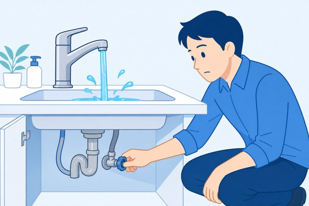 水が流れ続ける蛇口の止水栓を閉めようとする住人