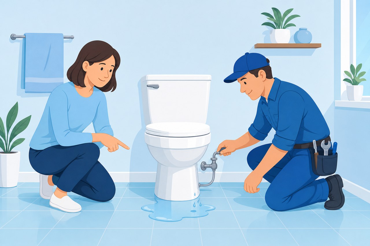 水漏れしたトイレを住人と修理スタッフが確認するイラスト