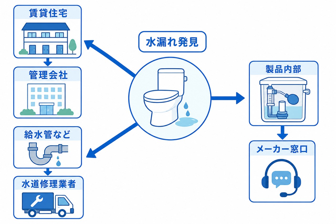 水漏れの場所や住まいに応じた相談先の図