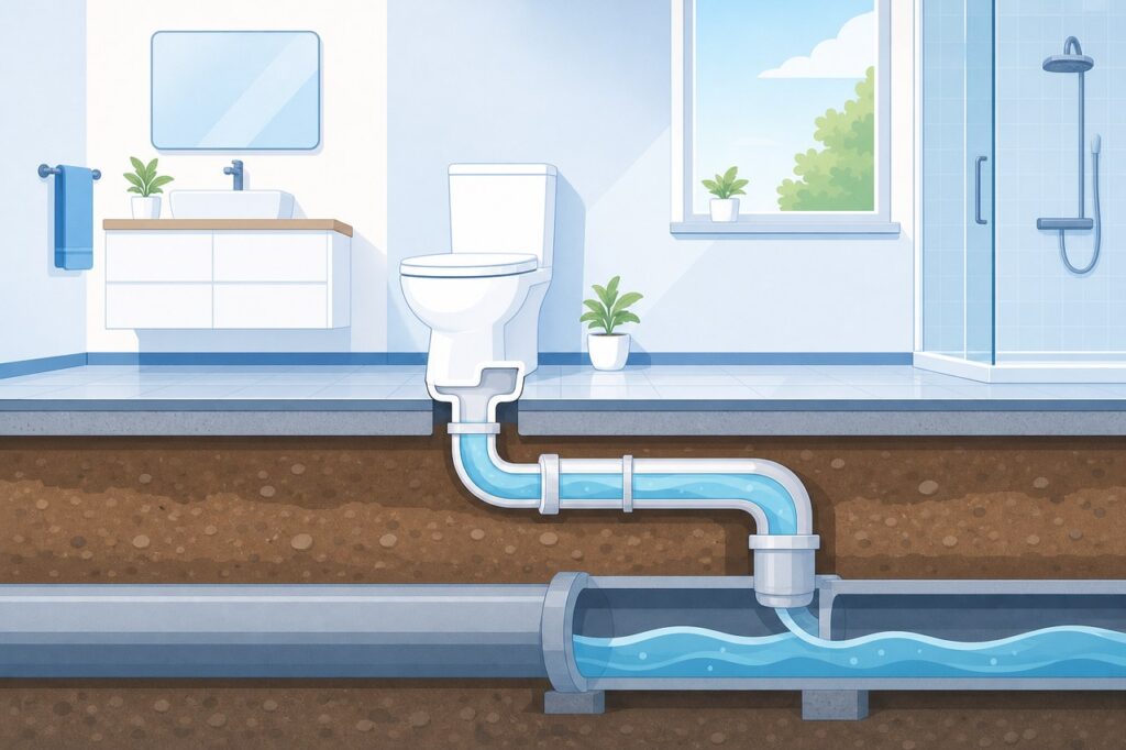 家庭のトイレから排水管を通って下水へ流れる断面イラスト