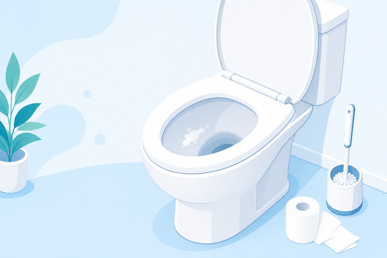 白い跡が残った便器と、そばに置かれたブラシやトイレットペーパー