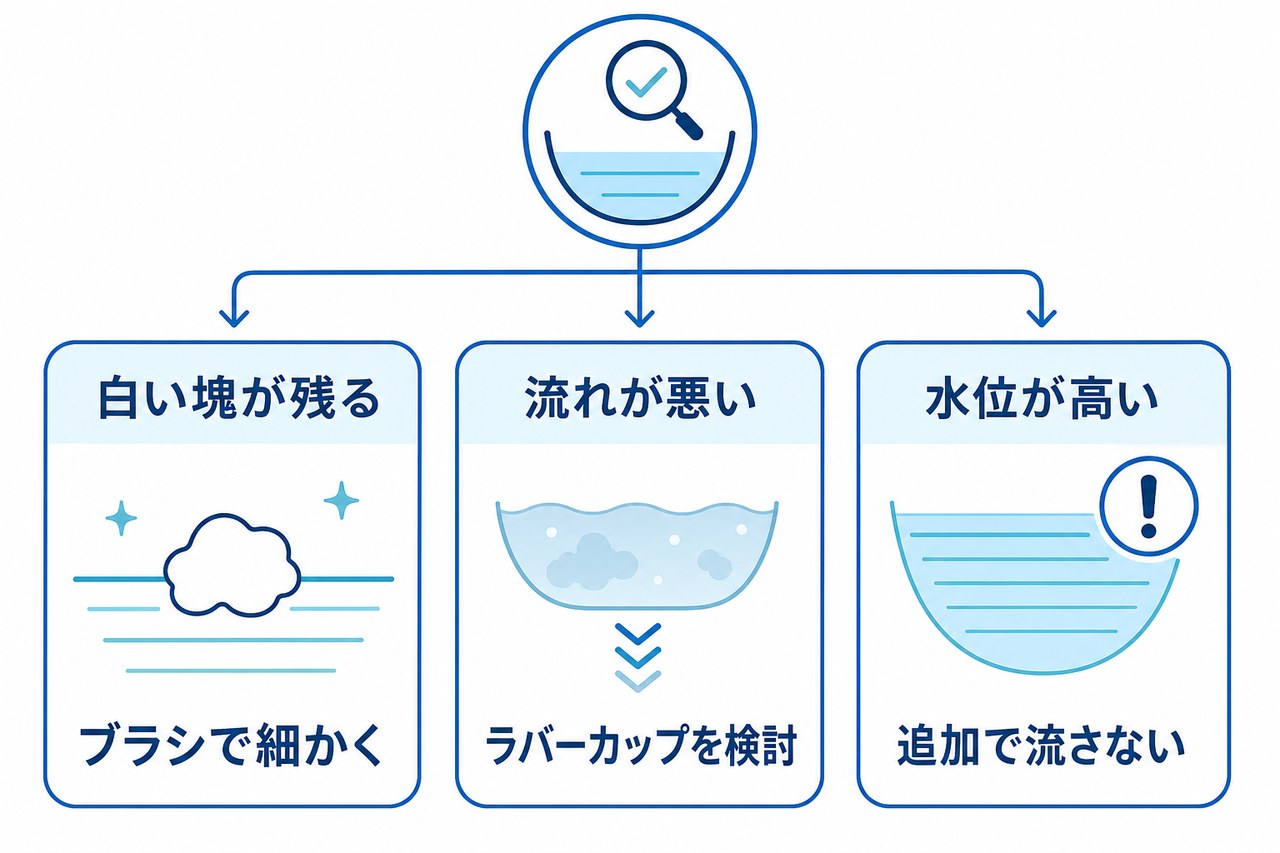 便器の状態ごとにバリウムが残ったときの対応目安を示す図