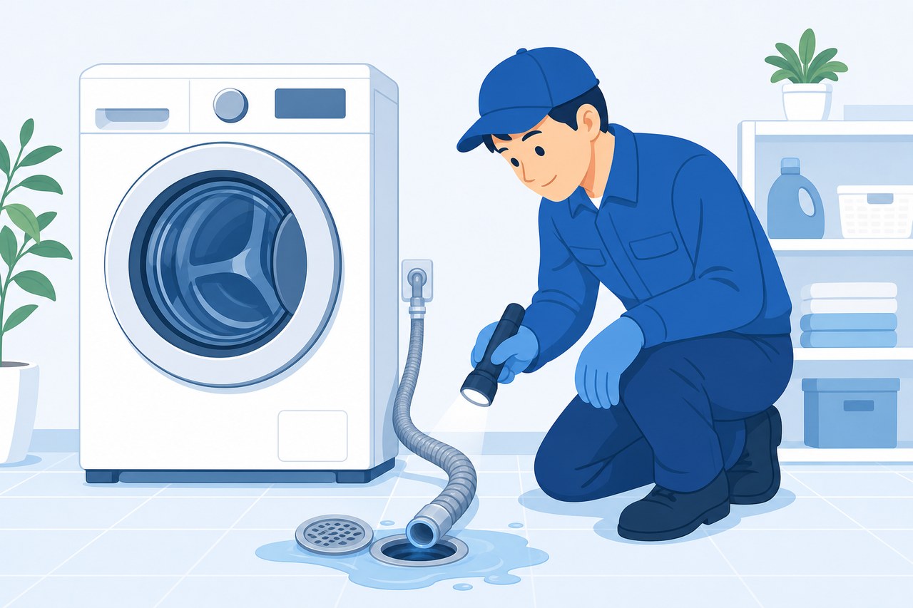 洗濯機の排水口とホースを点検する作業員