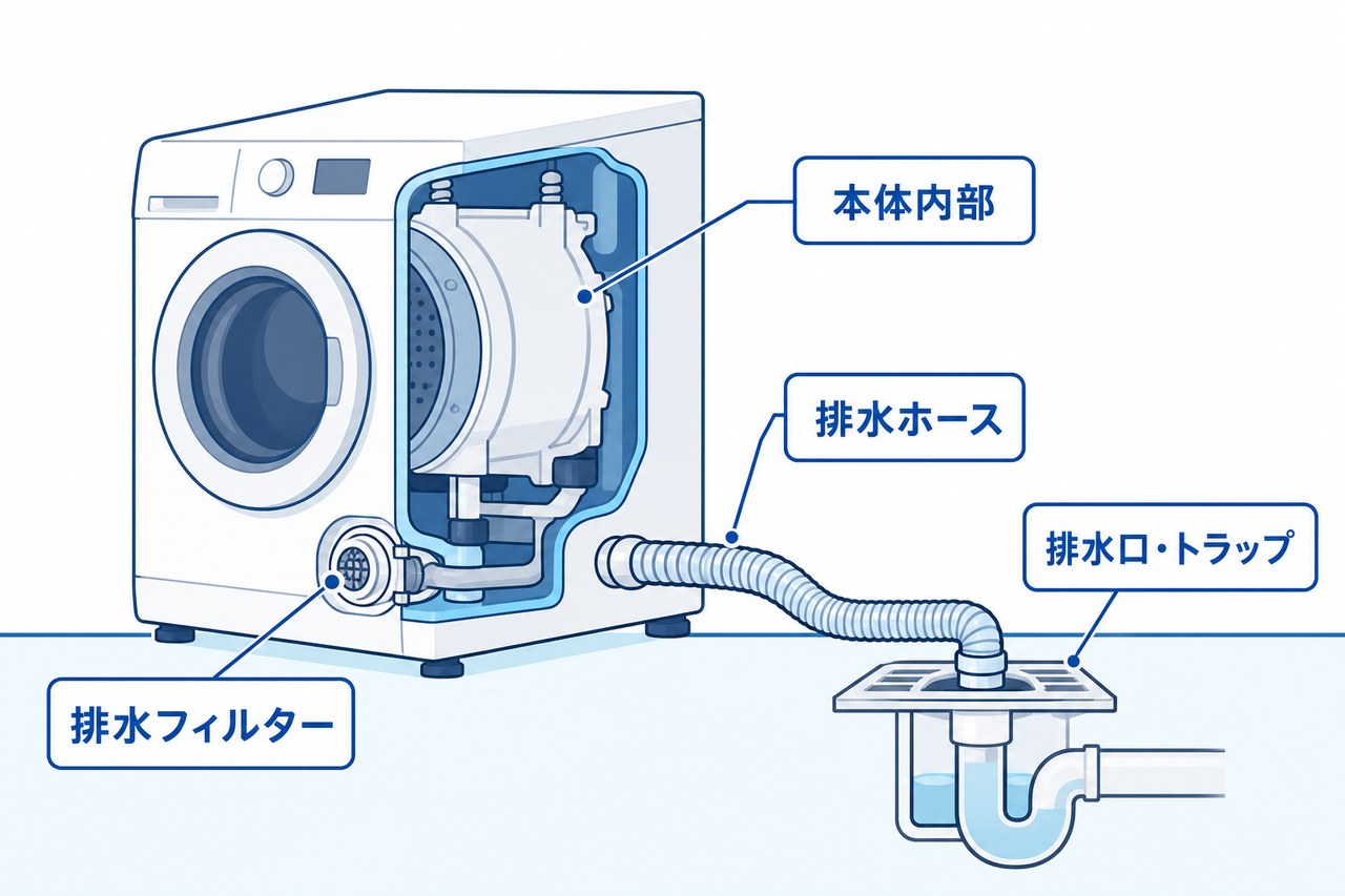 洗濯機から排水口までの主な確認箇所を示した図