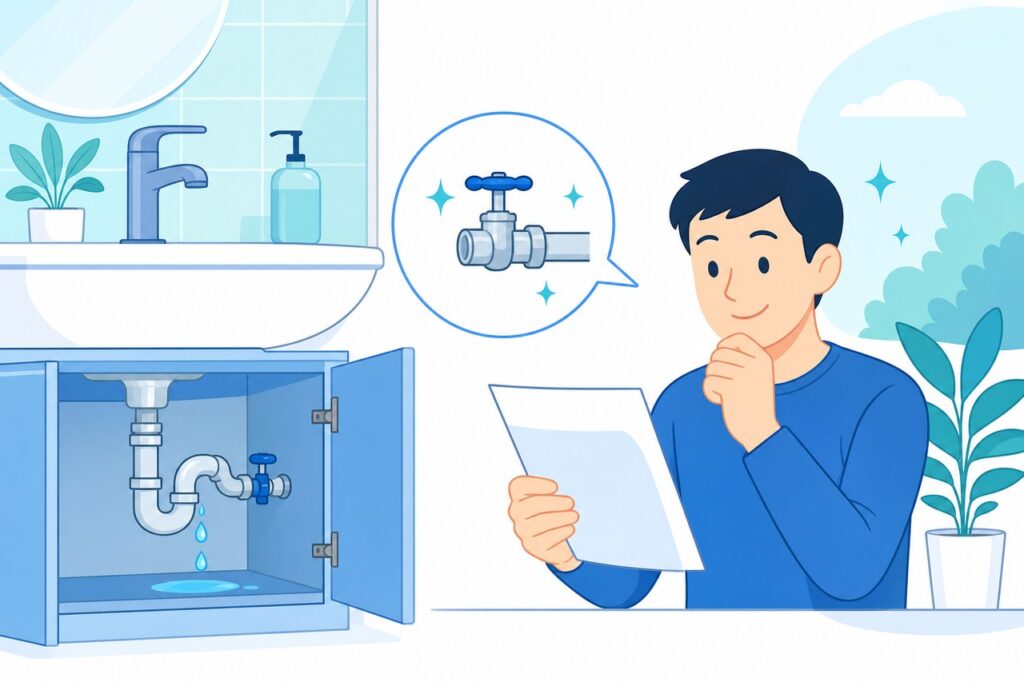 洗面台の水漏れを修理し、水道料金の明細を確認する人