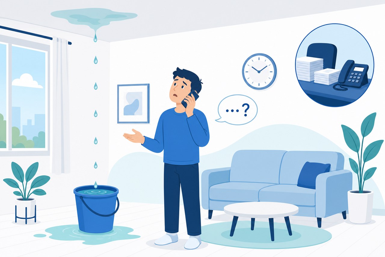 天井の水漏れに困り管理会社へ電話する住人のイラスト